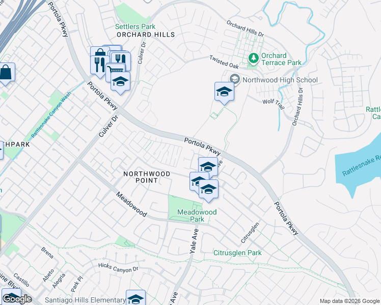 map of restaurants, bars, coffee shops, grocery stores, and more near 610 Timberwood in Irvine