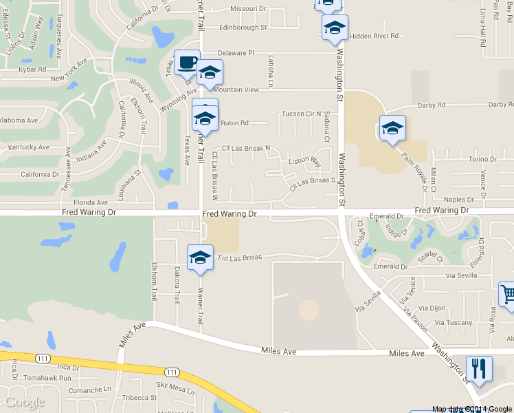 map of restaurants, bars, coffee shops, grocery stores, and more near 77707 Calle Las Brisas South in Palm Desert