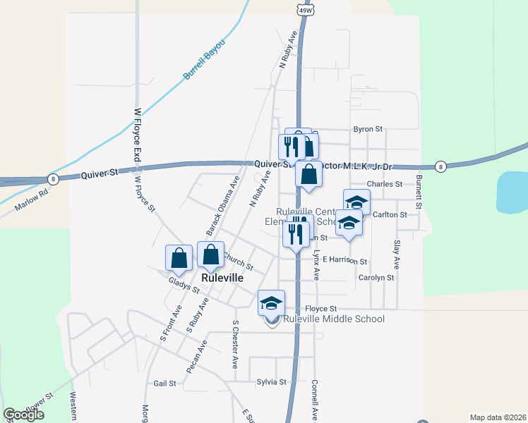 map of restaurants, bars, coffee shops, grocery stores, and more near 309 Dattel Park in Ruleville