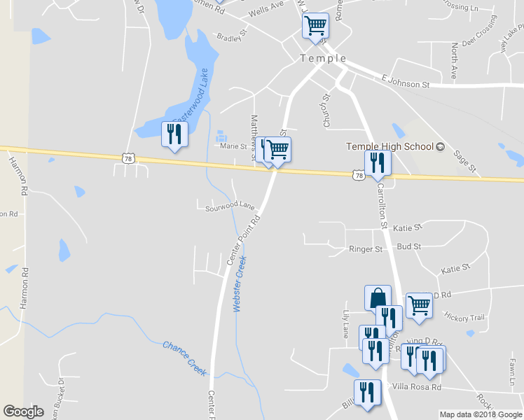map of restaurants, bars, coffee shops, grocery stores, and more near 335 Center Point Rd in Temple