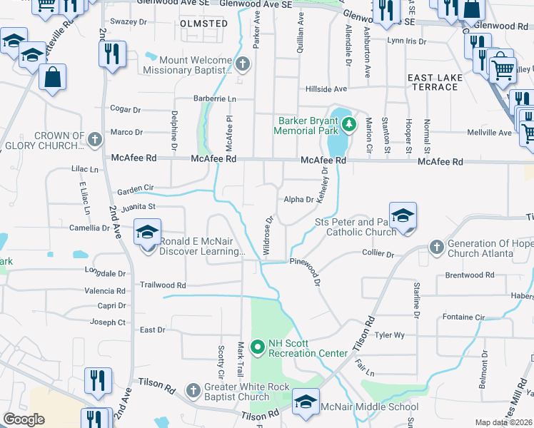 map of restaurants, bars, coffee shops, grocery stores, and more near 2101 Wildrose Drive in Decatur