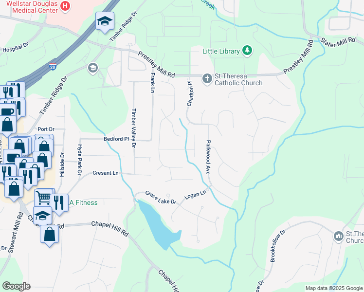 map of restaurants, bars, coffee shops, grocery stores, and more near 3617 Prescot Way in Douglasville