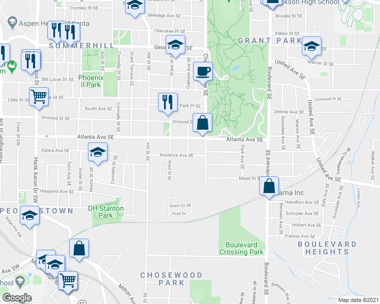 map of restaurants, bars, coffee shops, grocery stores, and more near 380 Kendrick Avenue Southeast in Atlanta