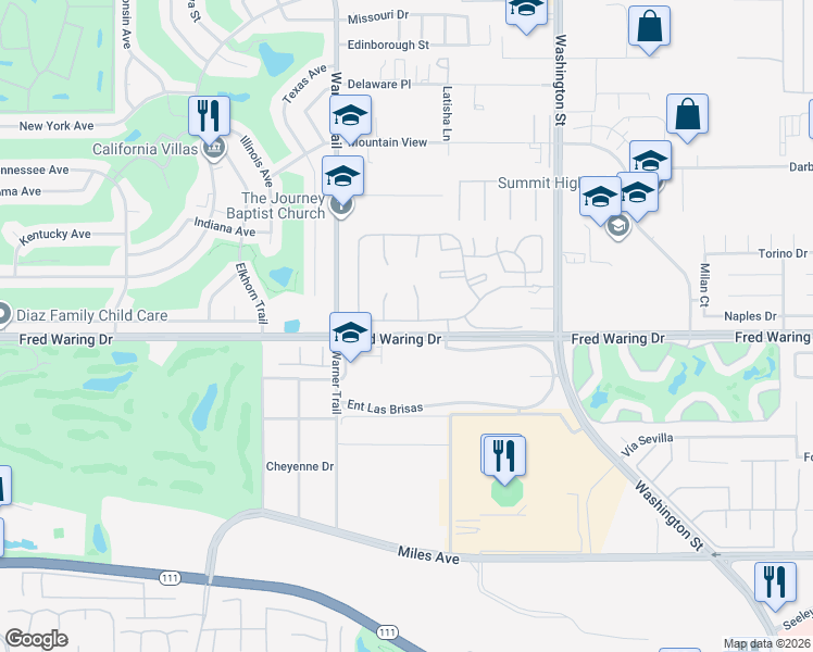 map of restaurants, bars, coffee shops, grocery stores, and more near 77649 Cll Las Brisas South in Palm Desert