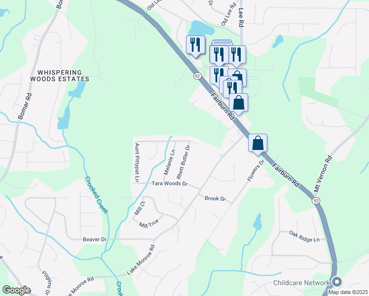 map of restaurants, bars, coffee shops, grocery stores, and more near 2787 Rhett Butler Drive in Douglasville