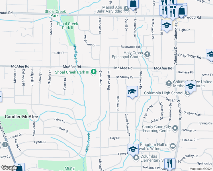 map of restaurants, bars, coffee shops, grocery stores, and more near 2077 Rosewood Road in Decatur
