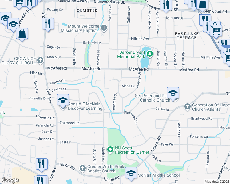 map of restaurants, bars, coffee shops, grocery stores, and more near 2101 Wildrose Drive in Decatur