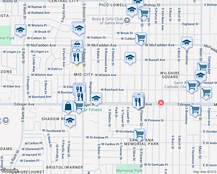 map of restaurants, bars, coffee shops, grocery stores, and more near 1341 South Rosewood Avenue in Santa Ana