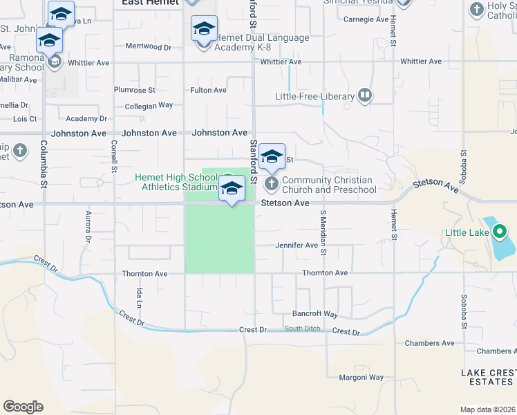 map of restaurants, bars, coffee shops, grocery stores, and more near 21086 Stanford Street in Hemet