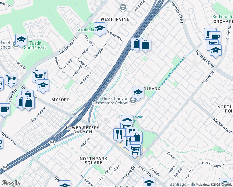 map of restaurants, bars, coffee shops, grocery stores, and more near 1007 Terra Bella in Irvine