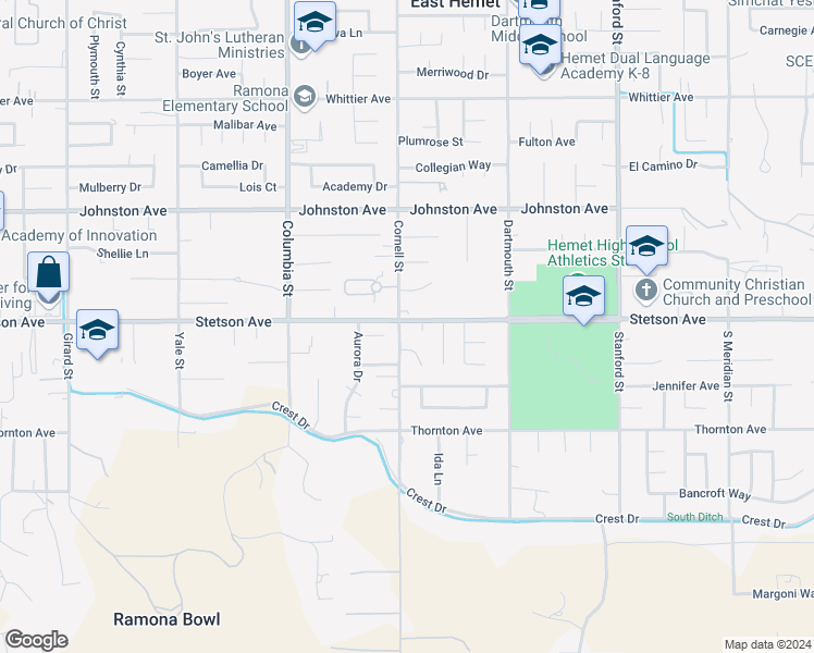 map of restaurants, bars, coffee shops, grocery stores, and more near 27008 Cornell Street in Hemet