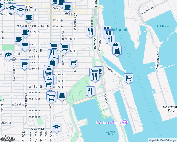 map of restaurants, bars, coffee shops, grocery stores, and more near 1606 South Palos Verdes Street in Los Angeles