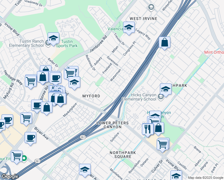 map of restaurants, bars, coffee shops, grocery stores, and more near 16 Starwood in Irvine