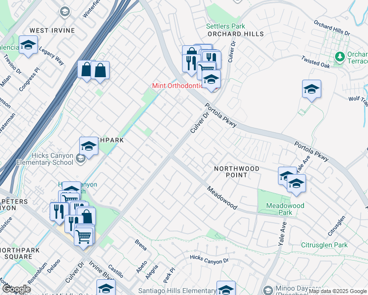 map of restaurants, bars, coffee shops, grocery stores, and more near 825 Yorkshire in Irvine