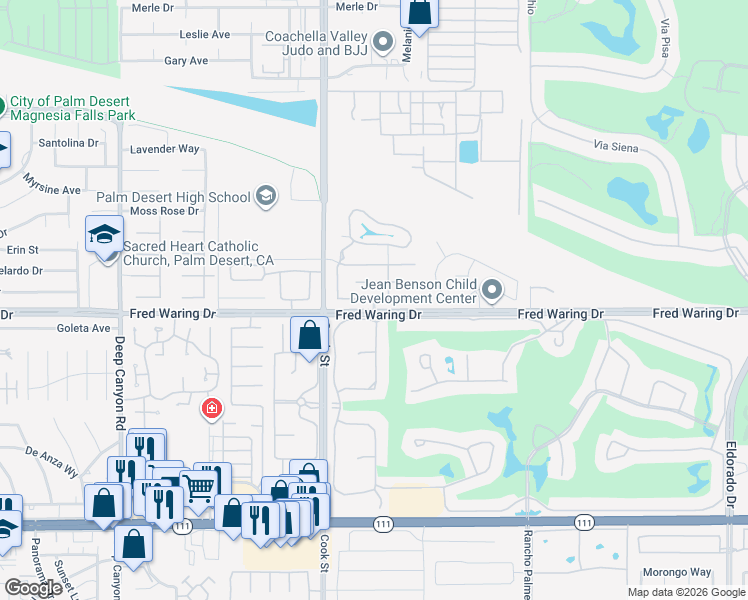 map of restaurants, bars, coffee shops, grocery stores, and more near Vía Del Cristo & La Sierra Dr in Palm Desert