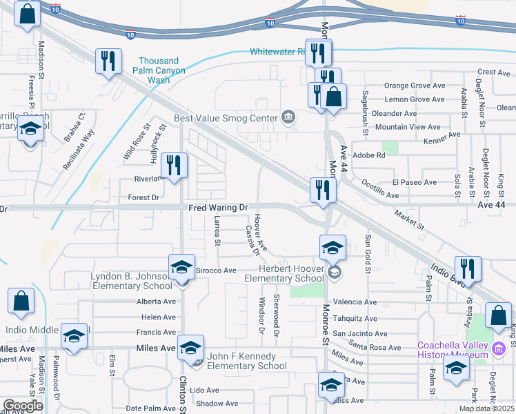 map of restaurants, bars, coffee shops, grocery stores, and more near Fred Waring Drive in Indio