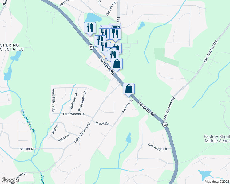 map of restaurants, bars, coffee shops, grocery stores, and more near 2810 Lake Monroe Road in Douglasville