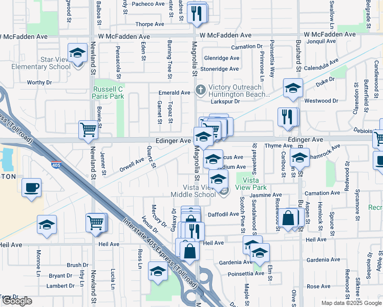 map of restaurants, bars, coffee shops, grocery stores, and more near 16062 Nelson Street in Westminster