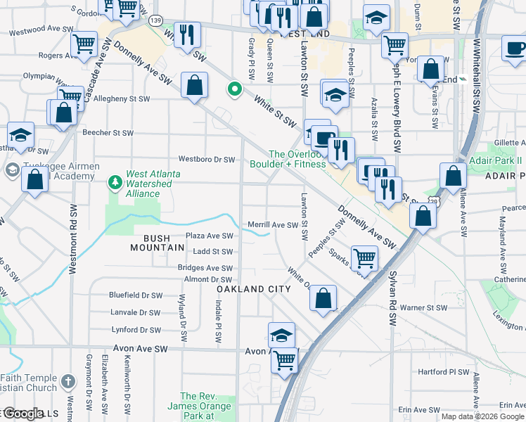 map of restaurants, bars, coffee shops, grocery stores, and more near 943 Hall Street Southwest in Atlanta
