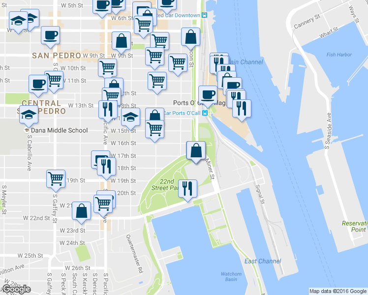 map of restaurants, bars, coffee shops, grocery stores, and more near 1606 South Palos Verdes Street in Los Angeles