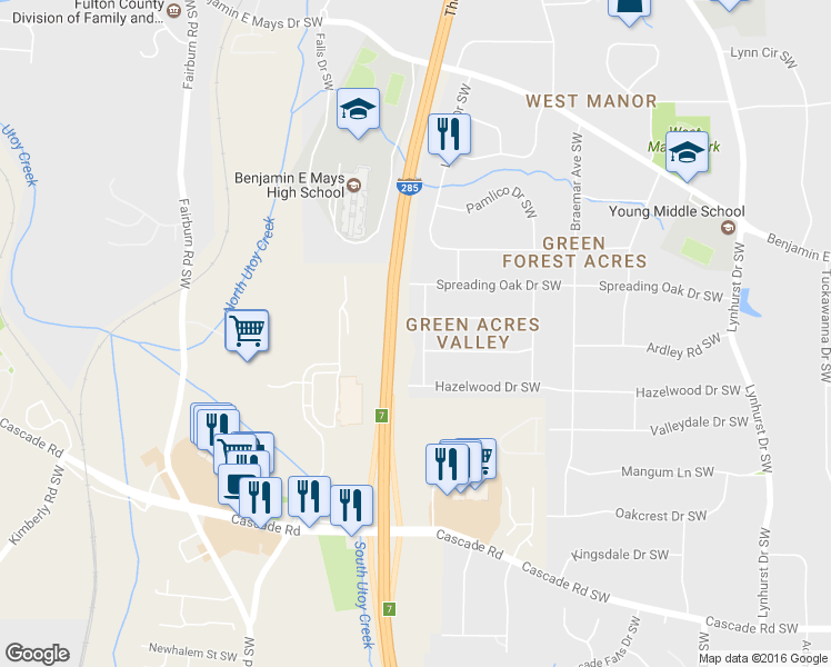 map of restaurants, bars, coffee shops, grocery stores, and more near 981 Redbud Ln SW in Atlanta