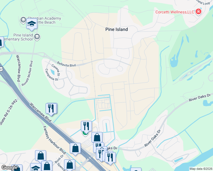 map of restaurants, bars, coffee shops, grocery stores, and more near 1090 Tidewater Road in Myrtle Beach