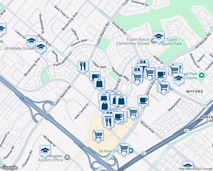 map of restaurants, bars, coffee shops, grocery stores, and more near 13475 South Cook Court in Tustin