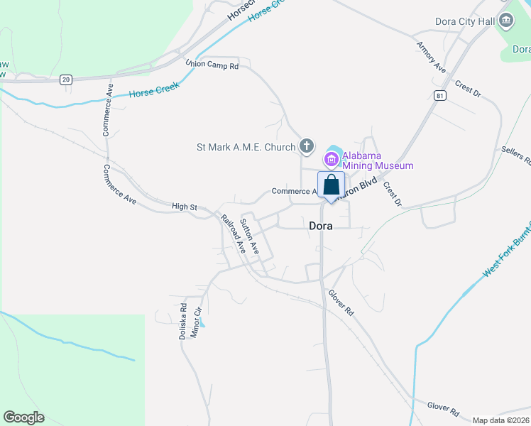 map of restaurants, bars, coffee shops, grocery stores, and more near 39 Wolfe Street in Dora