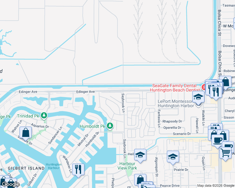 map of restaurants, bars, coffee shops, grocery stores, and more near 4179 Andros Circle in Huntington Beach