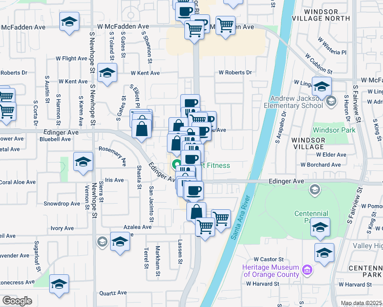 map of restaurants, bars, coffee shops, grocery stores, and more near 16141 Harbor Boulevard in Fountain Valley