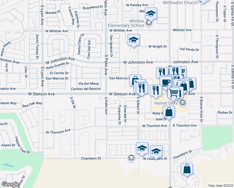 map of restaurants, bars, coffee shops, grocery stores, and more near 763 West Stetson Avenue in Hemet