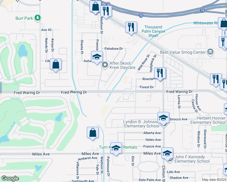 map of restaurants, bars, coffee shops, grocery stores, and more near Fred Waring Drive in Indio