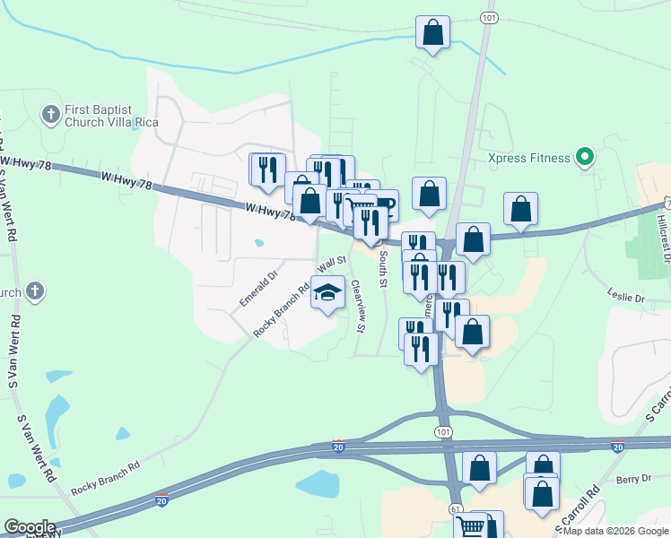 map of restaurants, bars, coffee shops, grocery stores, and more near 606 Rocky Branch Road in Villa Rica