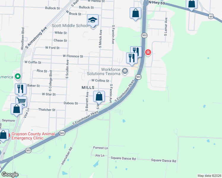map of restaurants, bars, coffee shops, grocery stores, and more near 504 West Baker Street in Denison