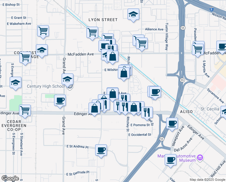 map of restaurants, bars, coffee shops, grocery stores, and more near 1800 E Borchard Ave in Santa Ana