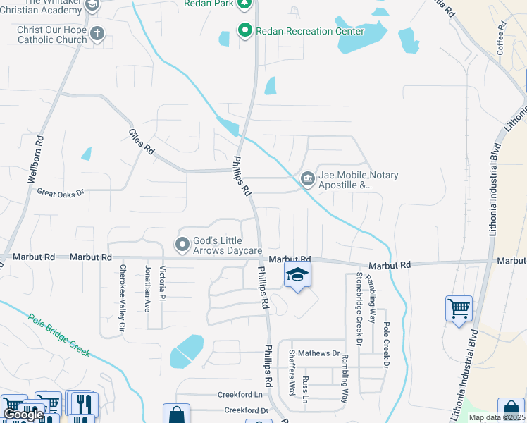 map of restaurants, bars, coffee shops, grocery stores, and more near 2059 Phillips Road in Lithonia