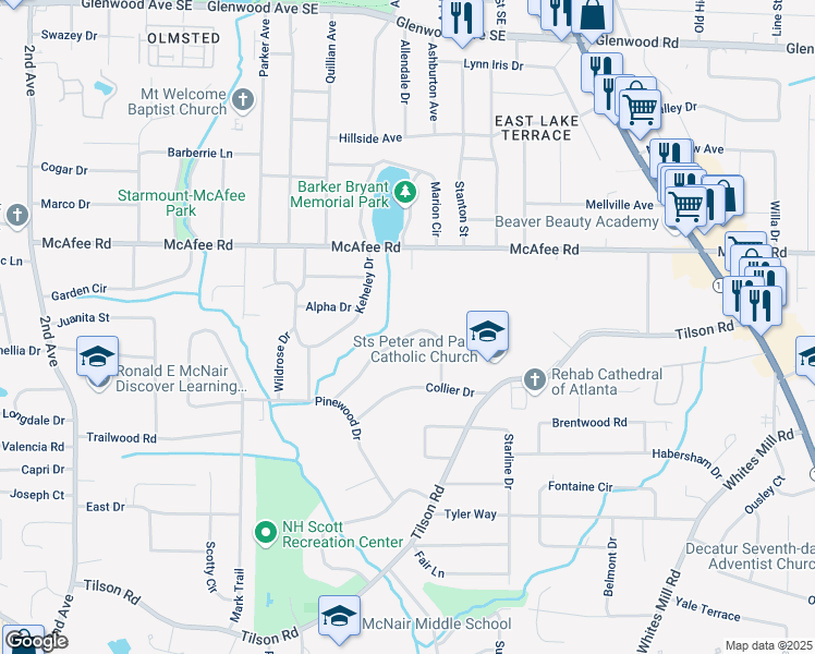 map of restaurants, bars, coffee shops, grocery stores, and more near 2340 Cresta Drive in Decatur