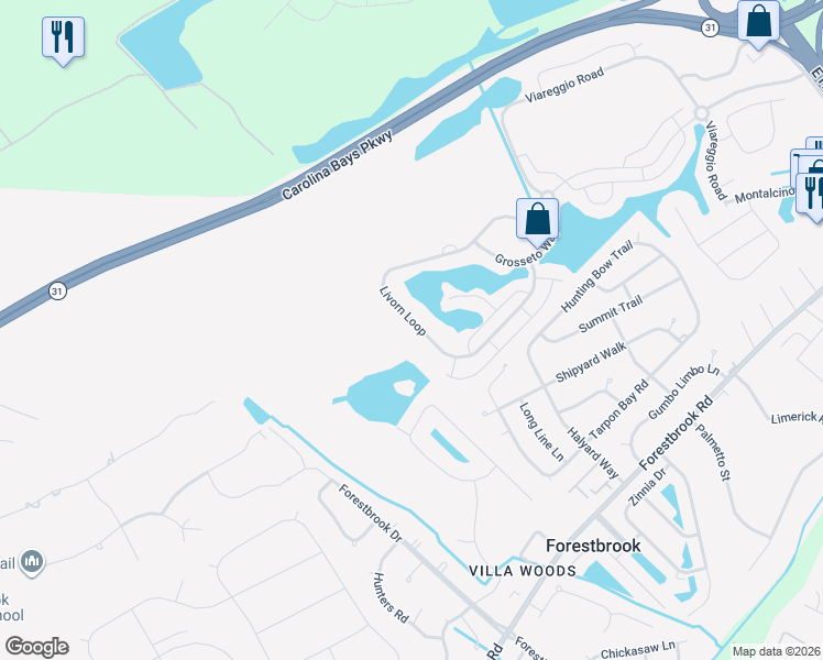 map of restaurants, bars, coffee shops, grocery stores, and more near 4447 Livorn Loop in Myrtle Beach