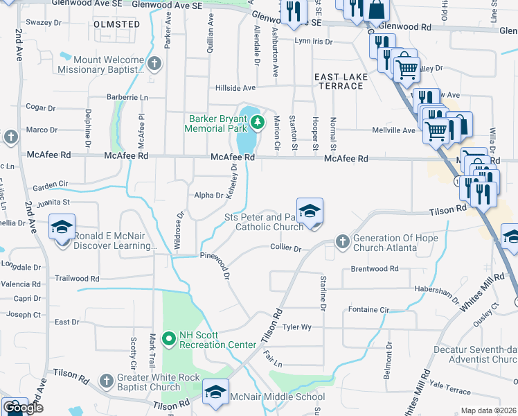 map of restaurants, bars, coffee shops, grocery stores, and more near 2316 Cresta Drive in Decatur