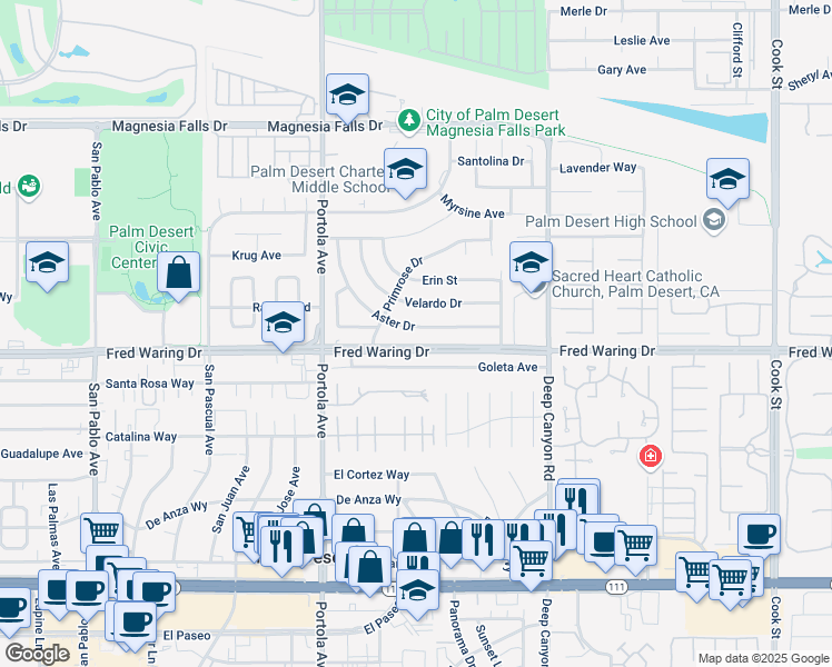 map of restaurants, bars, coffee shops, grocery stores, and more near 74228 Fred Waring Drive in Palm Desert