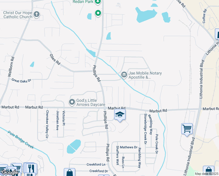 map of restaurants, bars, coffee shops, grocery stores, and more near 6325 Stablewood Way in Lithonia