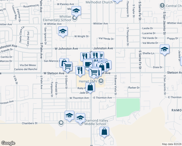 map of restaurants, bars, coffee shops, grocery stores, and more near 2 West Stetson Avenue in Hemet
