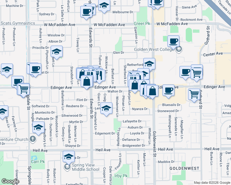 map of restaurants, bars, coffee shops, grocery stores, and more near 16062 Tellim Lane in Huntington Beach