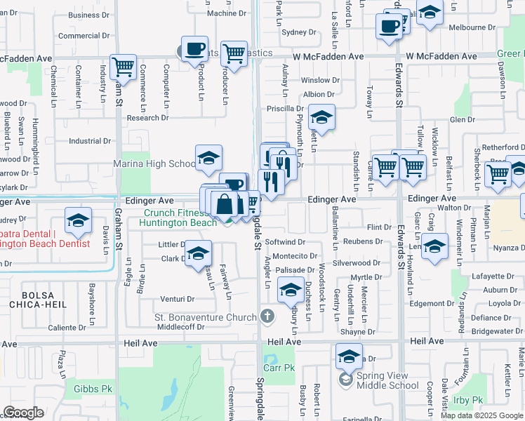 map of restaurants, bars, coffee shops, grocery stores, and more near 5922 Edinger Avenue in Huntington Beach