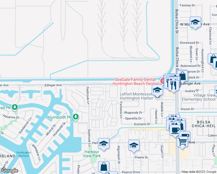 map of restaurants, bars, coffee shops, grocery stores, and more near 16037 Warmington Lane in Huntington Beach