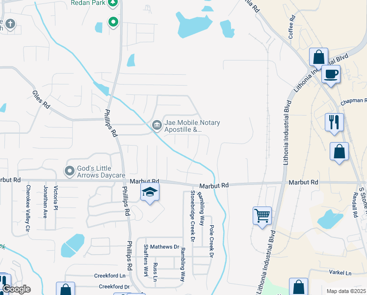 map of restaurants, bars, coffee shops, grocery stores, and more near 2057 Charter Lane in Lithonia