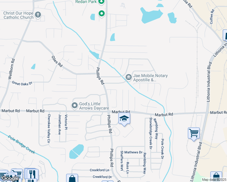 map of restaurants, bars, coffee shops, grocery stores, and more near 6325 Stablewood Way in Lithonia