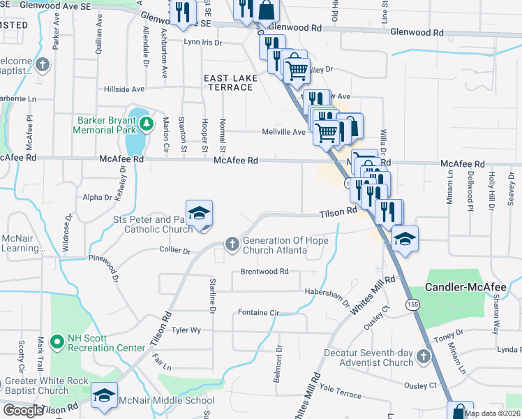 map of restaurants, bars, coffee shops, grocery stores, and more near 2642 Tilson Road in Decatur