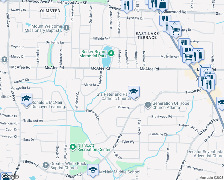 map of restaurants, bars, coffee shops, grocery stores, and more near 2316 Cresta Drive in Decatur