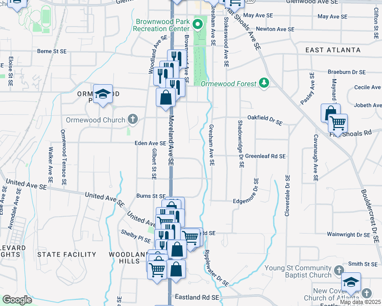 map of restaurants, bars, coffee shops, grocery stores, and more near 1218 Stoneybrook Drive Southeast in Atlanta